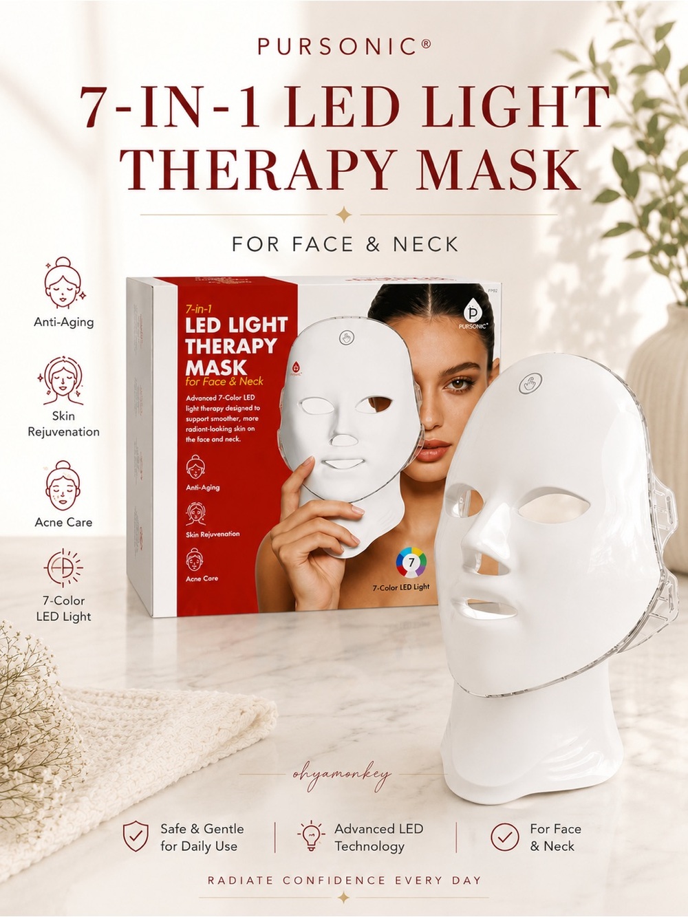 Pursonic 7-in-1 LED Light Therapy Mask for Face & Neck new in box